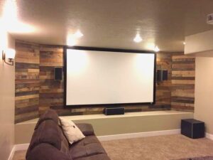 rustic basement theater room pallet wall